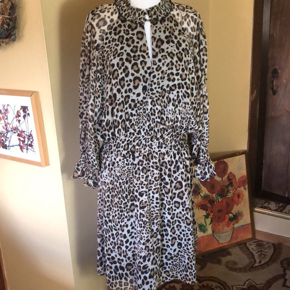 RACHEL ROY Size 2X Leopard Cocktail Dress Animal HiNeck Balloon Sleeve Keyhole - Picture 7 of 17